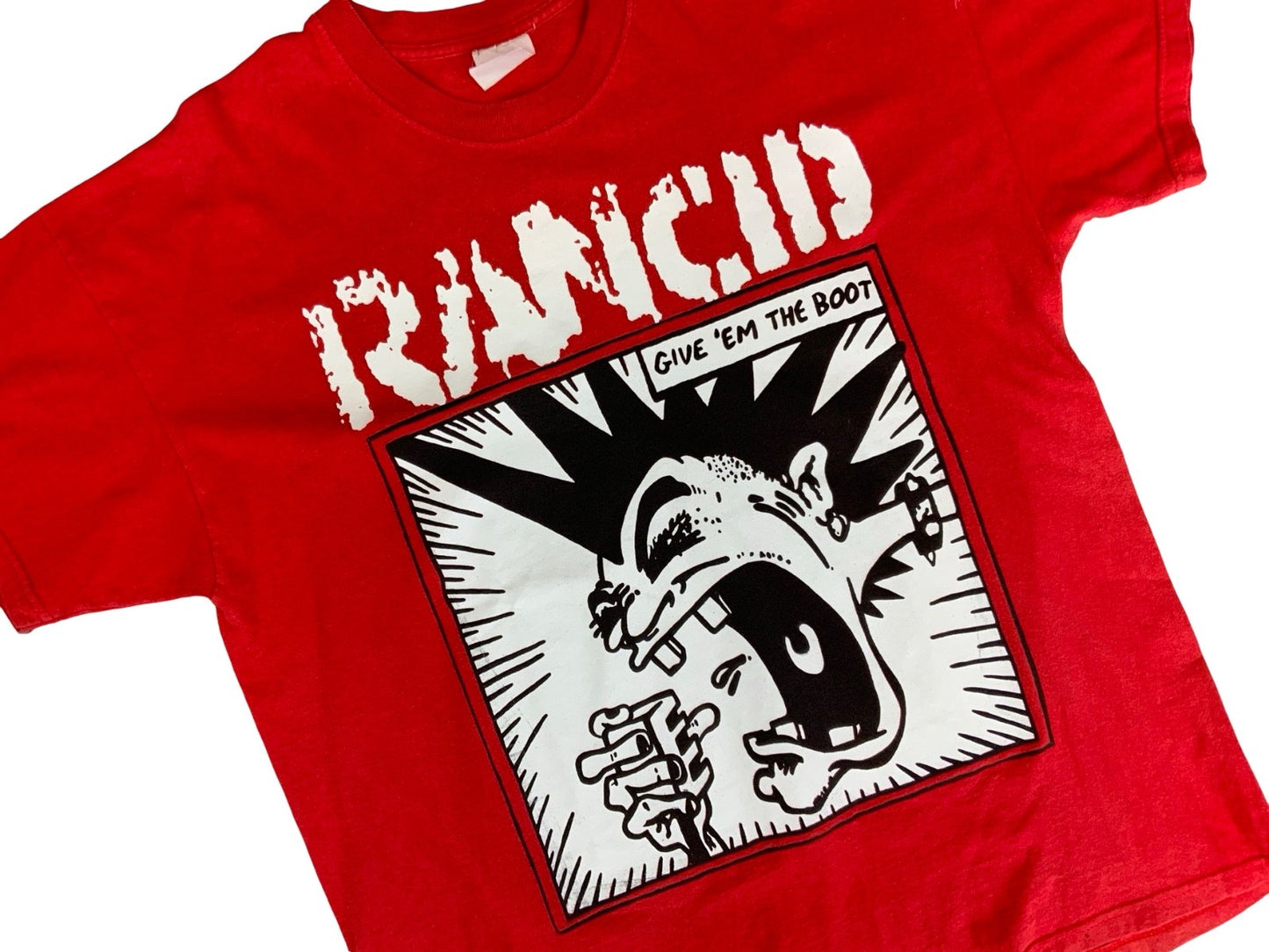 VTG 90s FADED RED RANCID GIVE EM THE BOOT SOUND LEVELS 2 SIDED PUNK T SHIRT L