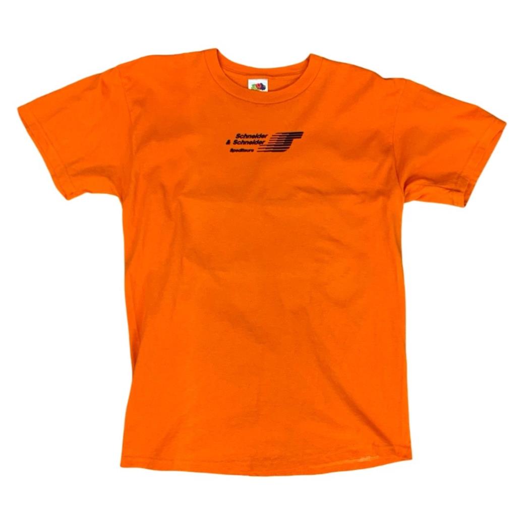 VTG 90s GERMAN HOT ROD RACING TEAM BACK FLOCK PRINT ORANGE T SHIRT S