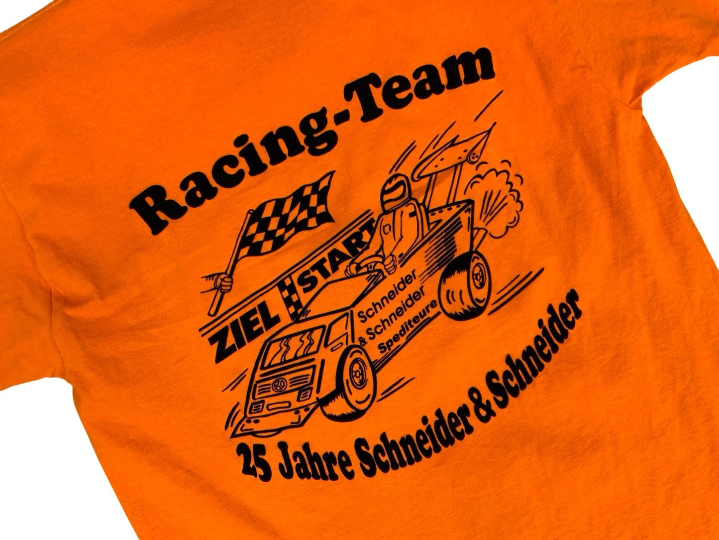 VTG 90s GERMAN HOT ROD RACING TEAM BACK FLOCK PRINT ORANGE T SHIRT S