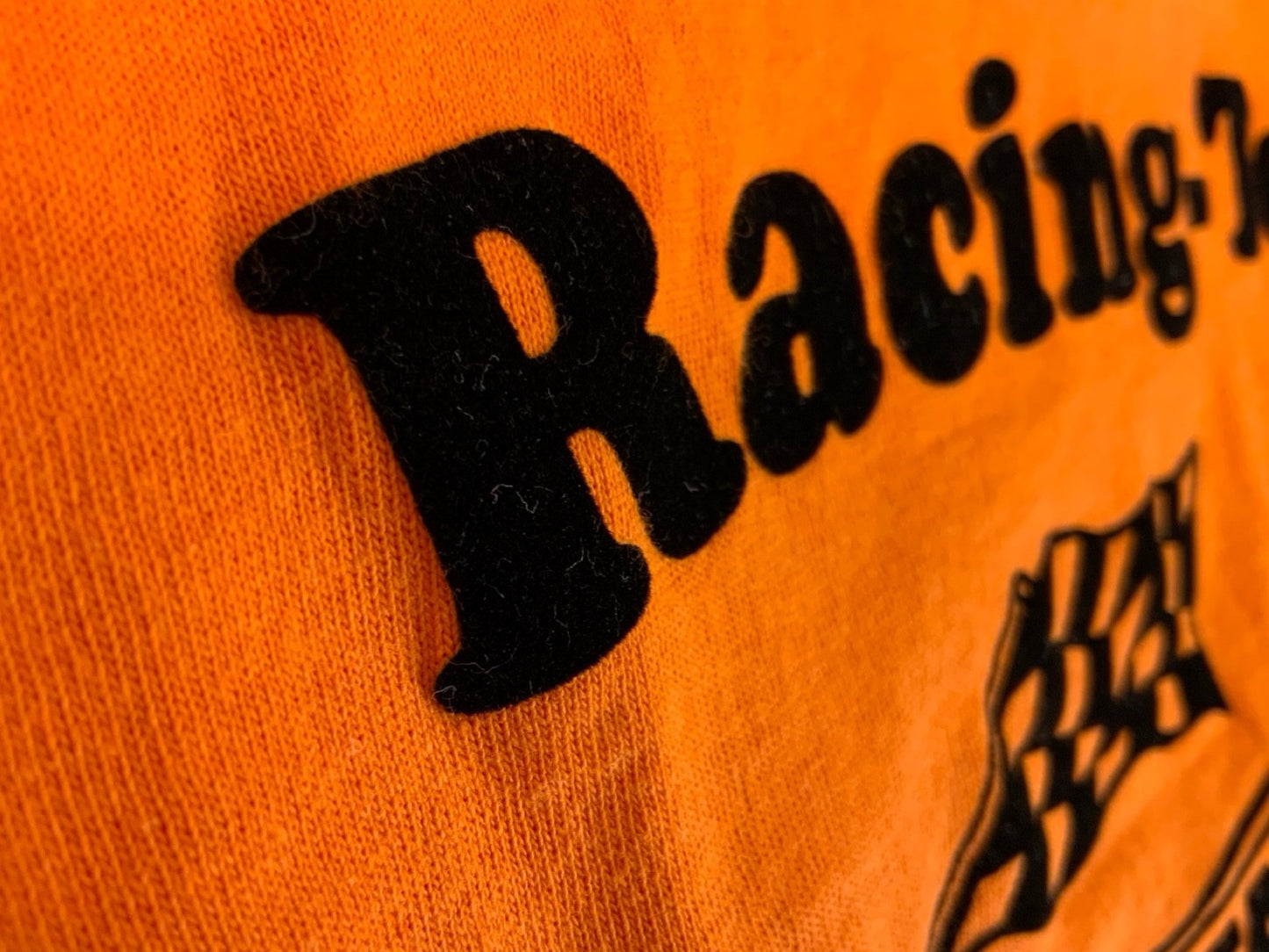 VTG 90s GERMAN HOT ROD RACING TEAM BACK FLOCK PRINT ORANGE T SHIRT S