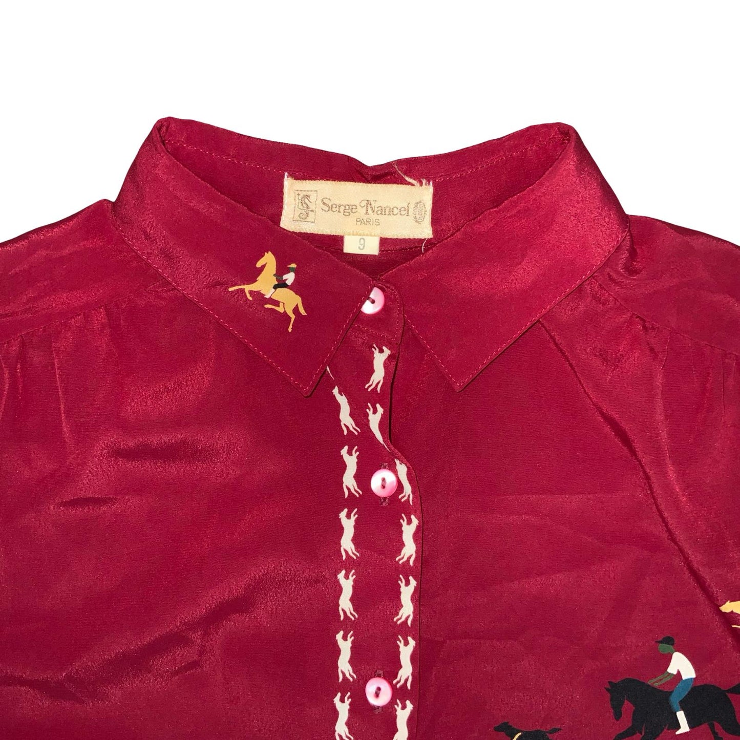 VTG 'SERGE NANCEL' RED SILK GRAPHIC FOLK HORSE JOCKEYS LONG SLEEVE BLOUSE M 14
