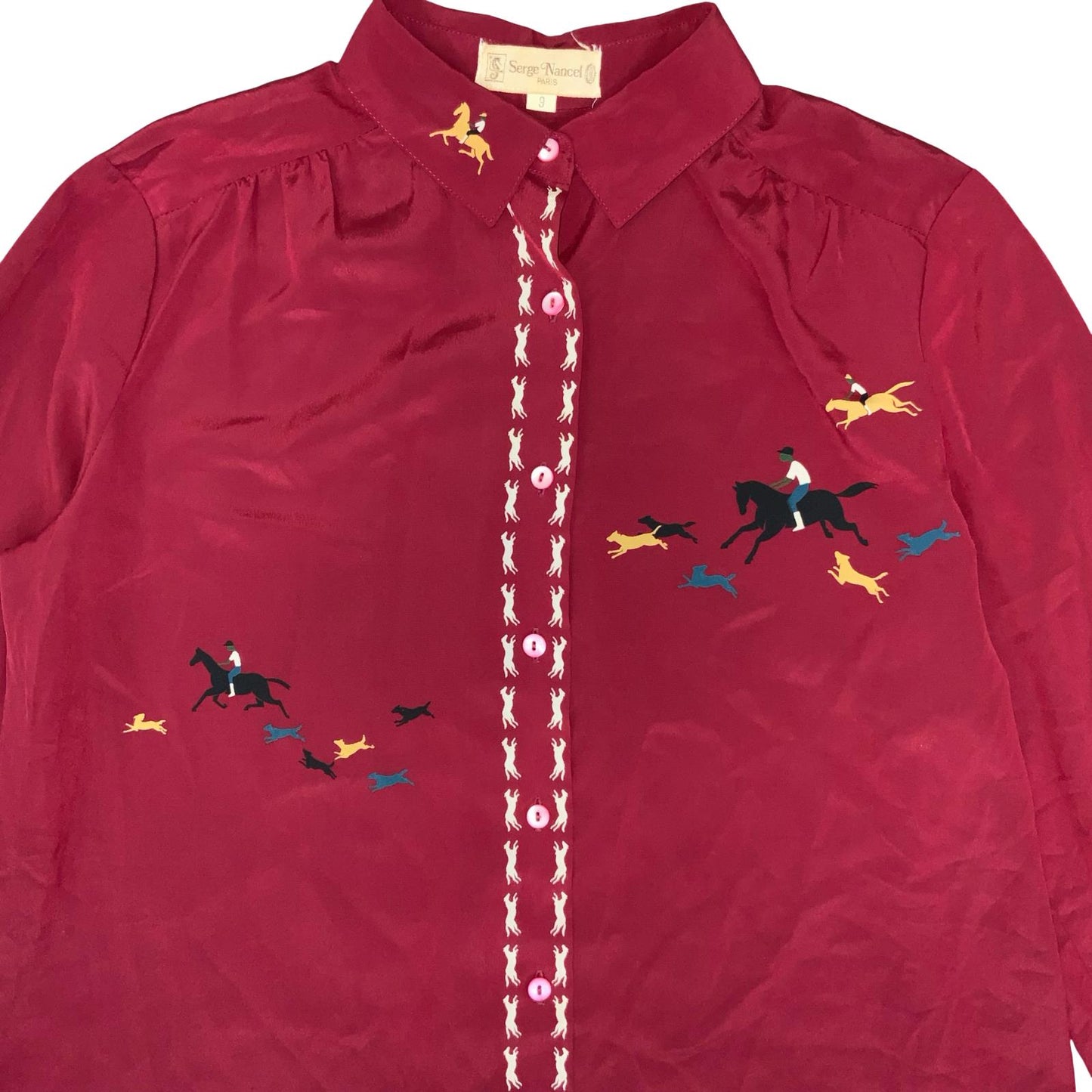 VTG 'SERGE NANCEL' RED SILK GRAPHIC FOLK HORSE JOCKEYS LONG SLEEVE BLOUSE M 14