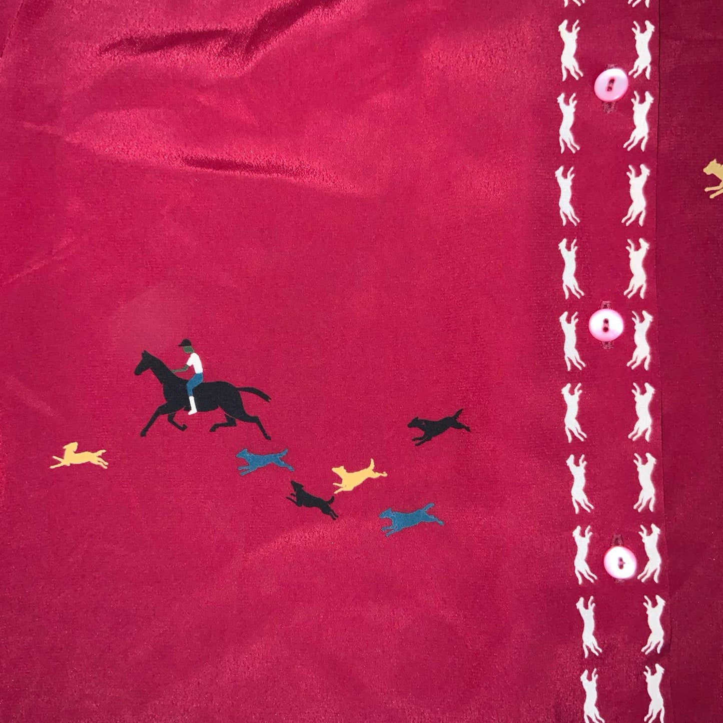 VTG 'SERGE NANCEL' RED SILK GRAPHIC FOLK HORSE JOCKEYS LONG SLEEVE BLOUSE M 14