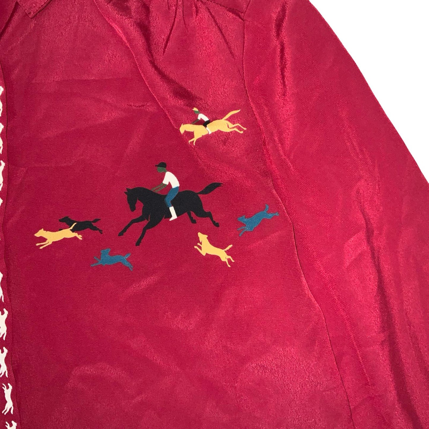 VTG 'SERGE NANCEL' RED SILK GRAPHIC FOLK HORSE JOCKEYS LONG SLEEVE BLOUSE M 14