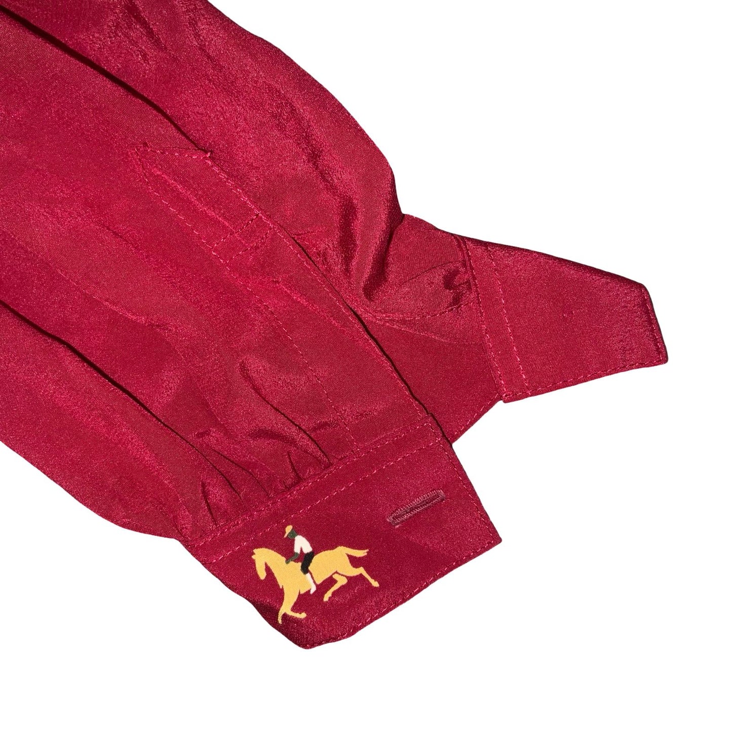 VTG 'SERGE NANCEL' RED SILK GRAPHIC FOLK HORSE JOCKEYS LONG SLEEVE BLOUSE M 14