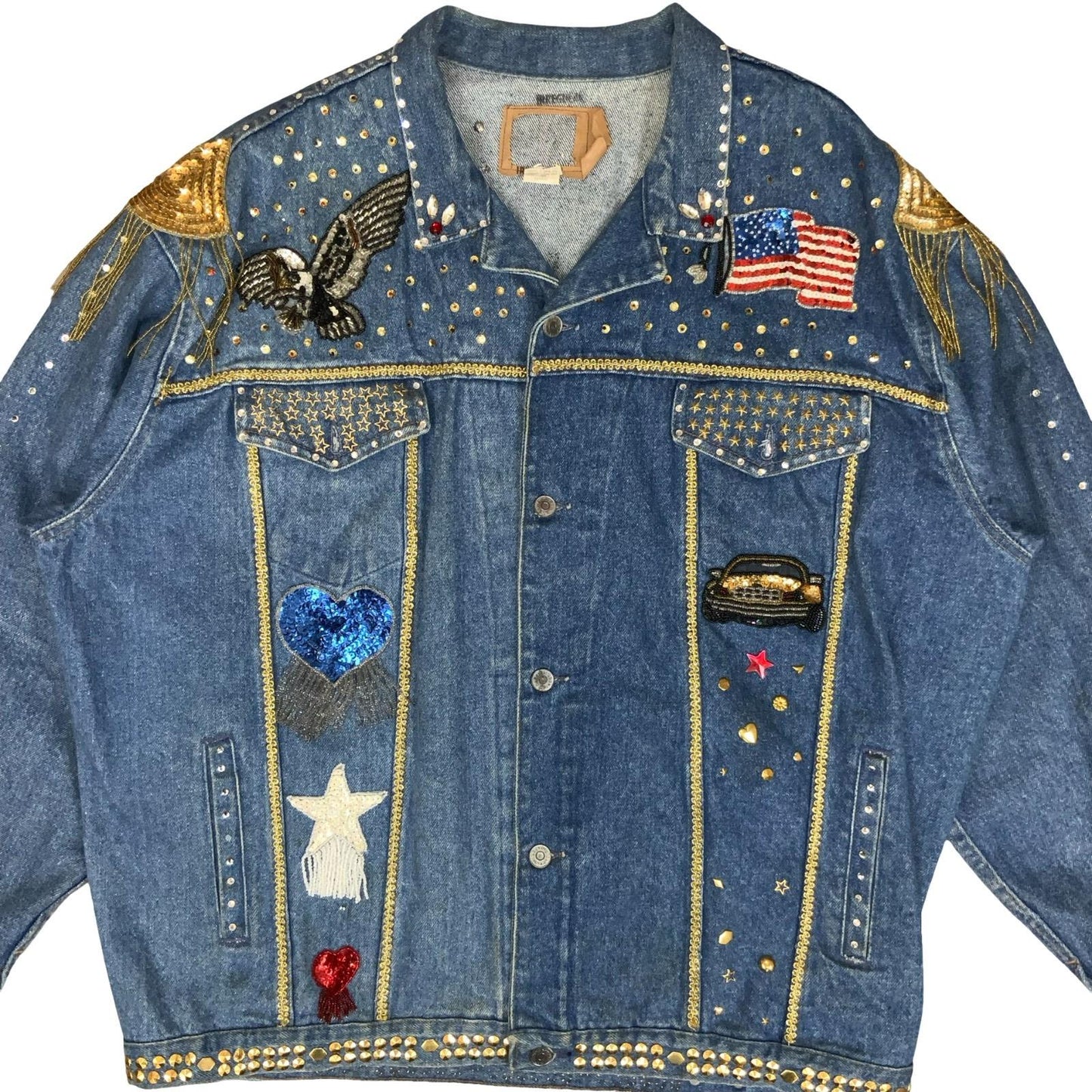 VTG 80s RARE BLUE EMBELLISHED SOUTHWEST TEXAS USA OVERSIZED DENIM JACKET 3XL 4XL