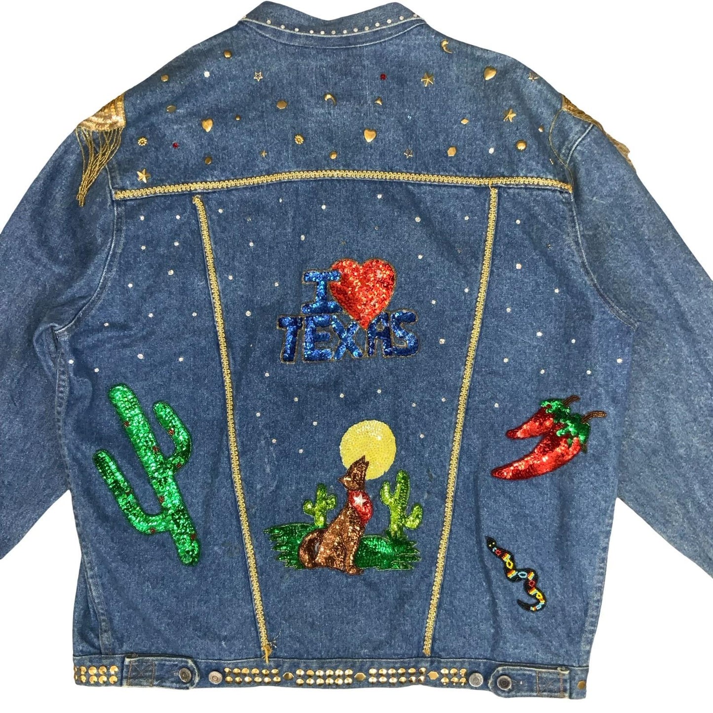 VTG 80s RARE BLUE EMBELLISHED SOUTHWEST TEXAS USA OVERSIZED DENIM JACKET 3XL 4XL
