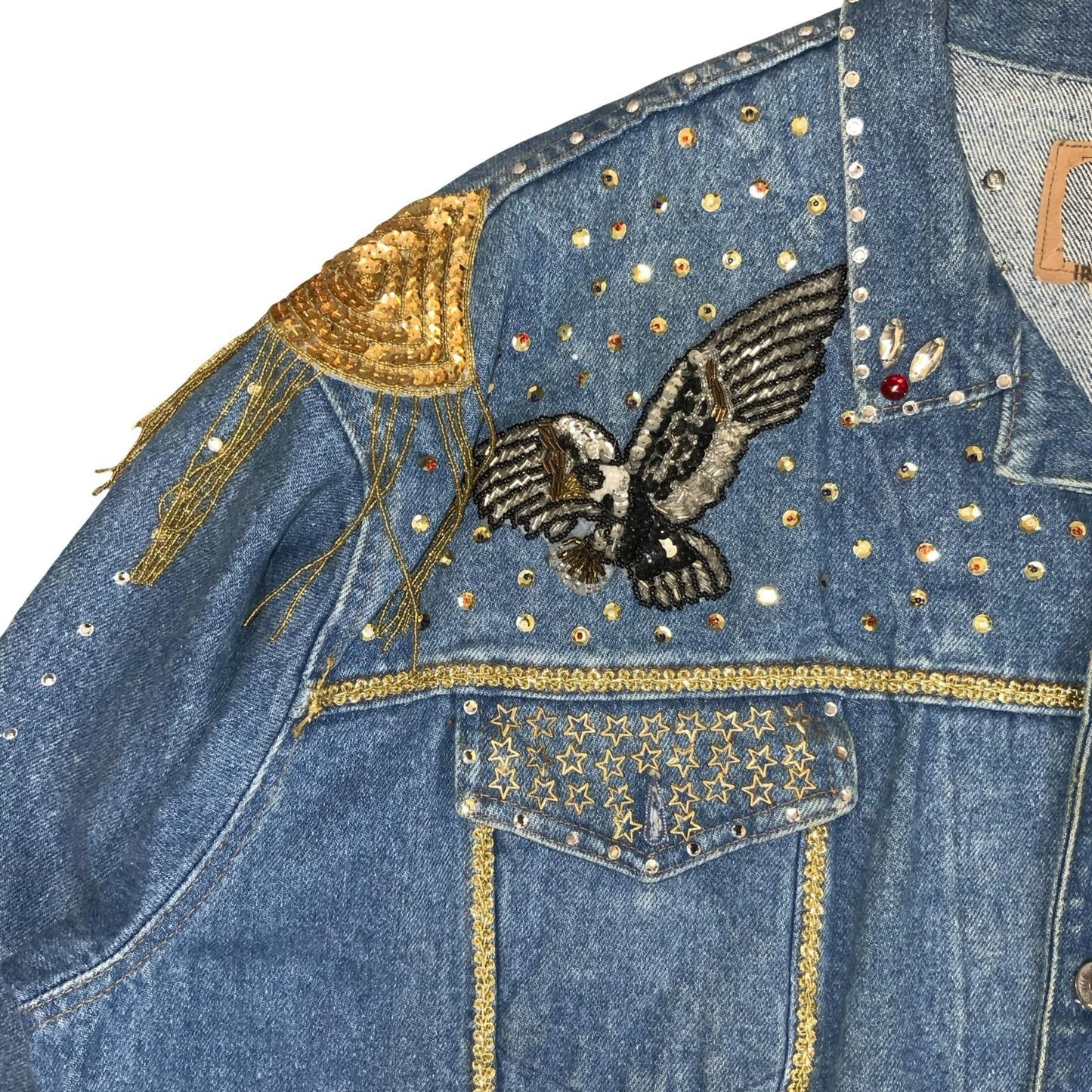 VTG 80s RARE BLUE EMBELLISHED SOUTHWEST TEXAS USA OVERSIZED DENIM JACKET 3XL 4XL