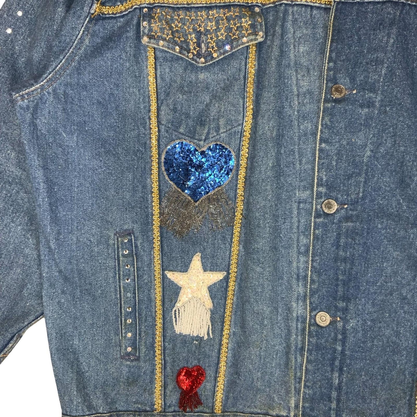VTG 80s RARE BLUE EMBELLISHED SOUTHWEST TEXAS USA OVERSIZED DENIM JACKET 3XL 4XL