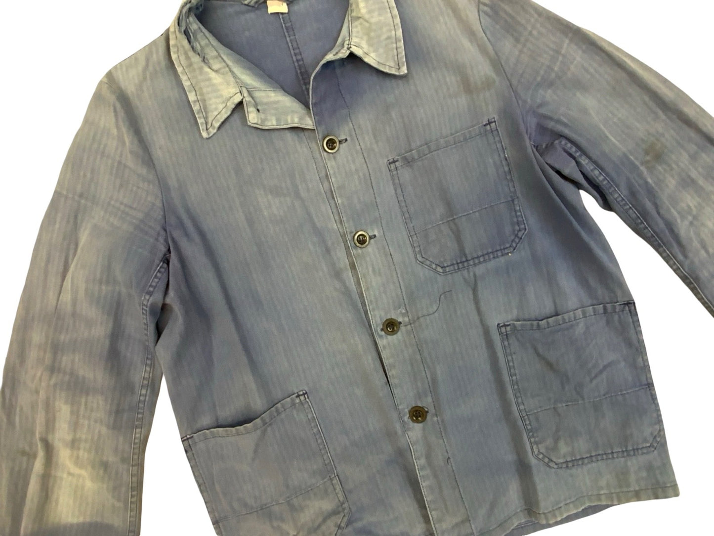 VTG DISTRESSED FADED EU FRENCH WORKWEAR CHORE JACKET INDIGO HERRINGBONE COTTON M