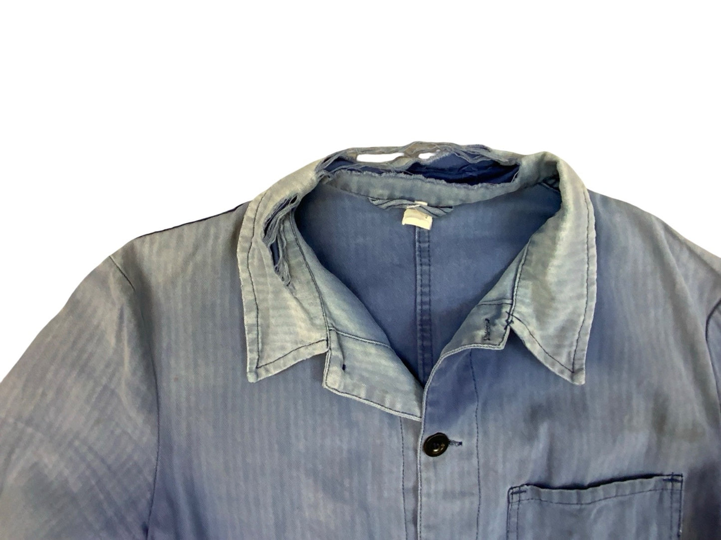 VTG DISTRESSED FADED EU FRENCH WORKWEAR CHORE JACKET INDIGO HERRINGBONE COTTON M