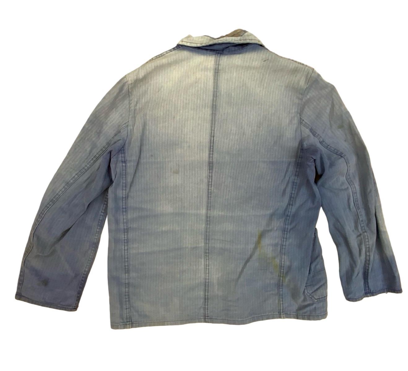 VTG DISTRESSED FADED EU FRENCH WORKWEAR CHORE JACKET INDIGO HERRINGBONE COTTON M