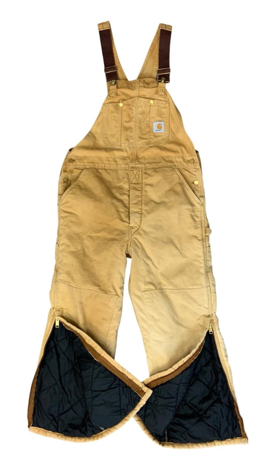 CARHARTT TAN DUCK CANVAS QUILT LINED DUNGAREES CARPENTER USA WORKWEAR 34W 29L