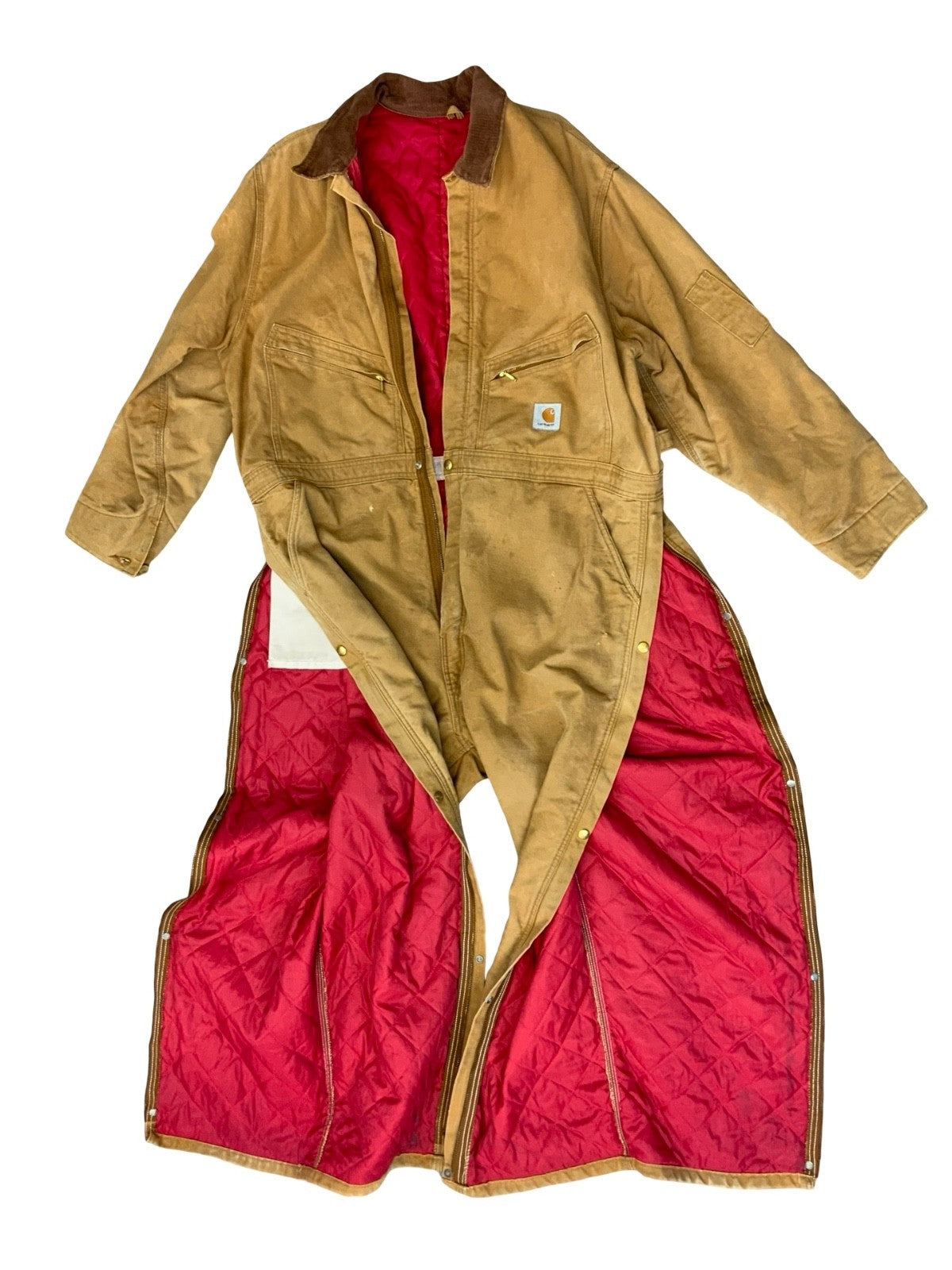CARHARTT TAN DUCK CANVAS QUILT LINED BOILER SUIT OVERALLS USA WORKWEAR 48W 27L