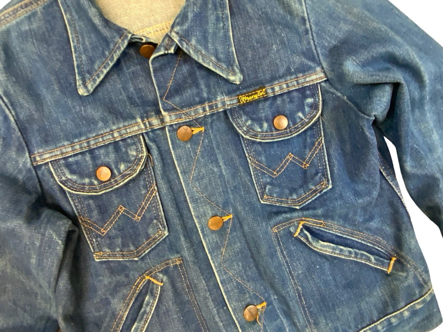 VTG 1970s WRANGLER INDIGO BROKEN TWILL DENIM JACKET DARK BLUE AMAZING FADES XXS