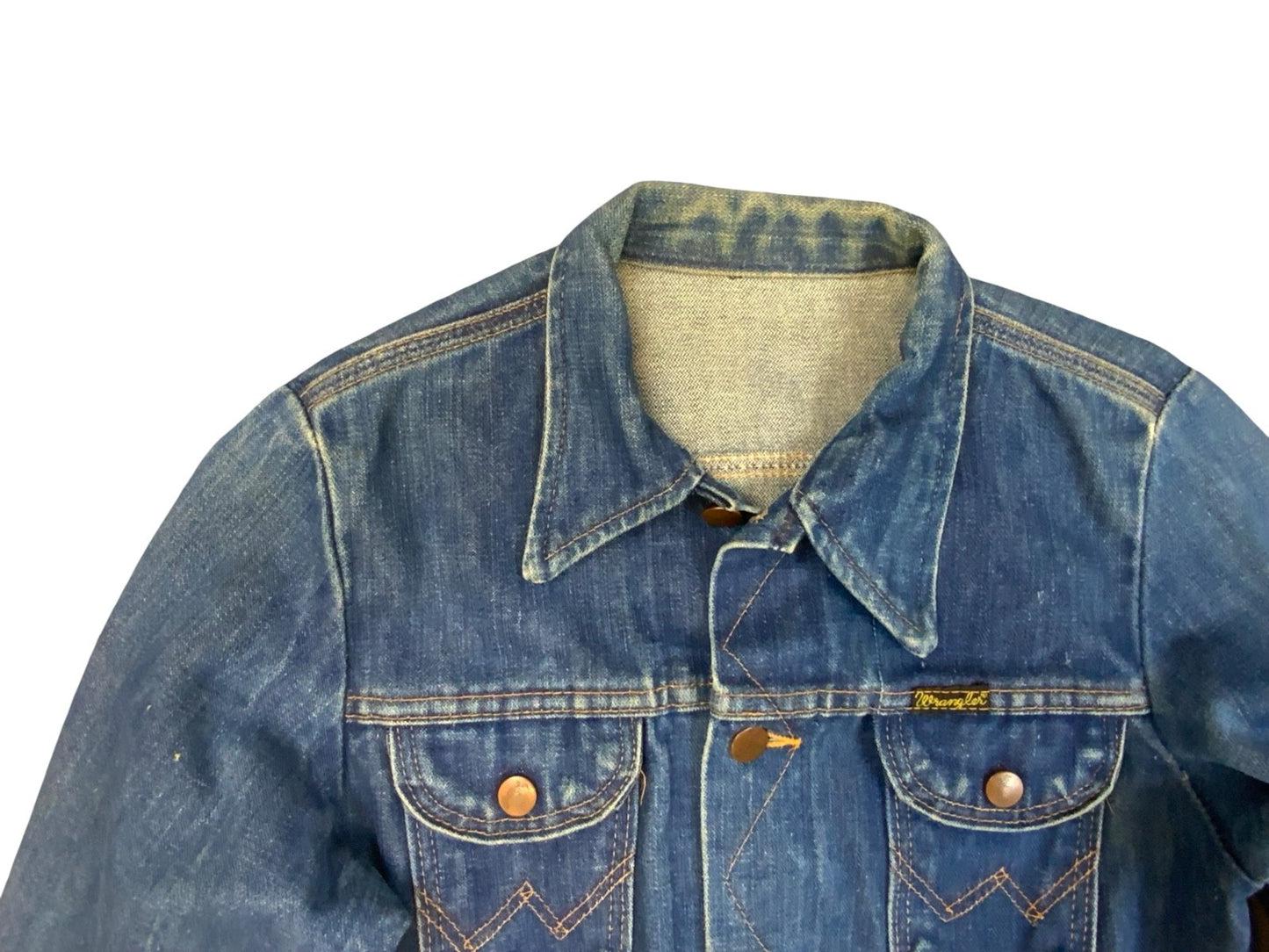 VTG 1970s WRANGLER INDIGO BROKEN TWILL DENIM JACKET DARK BLUE AMAZING FADES XXS