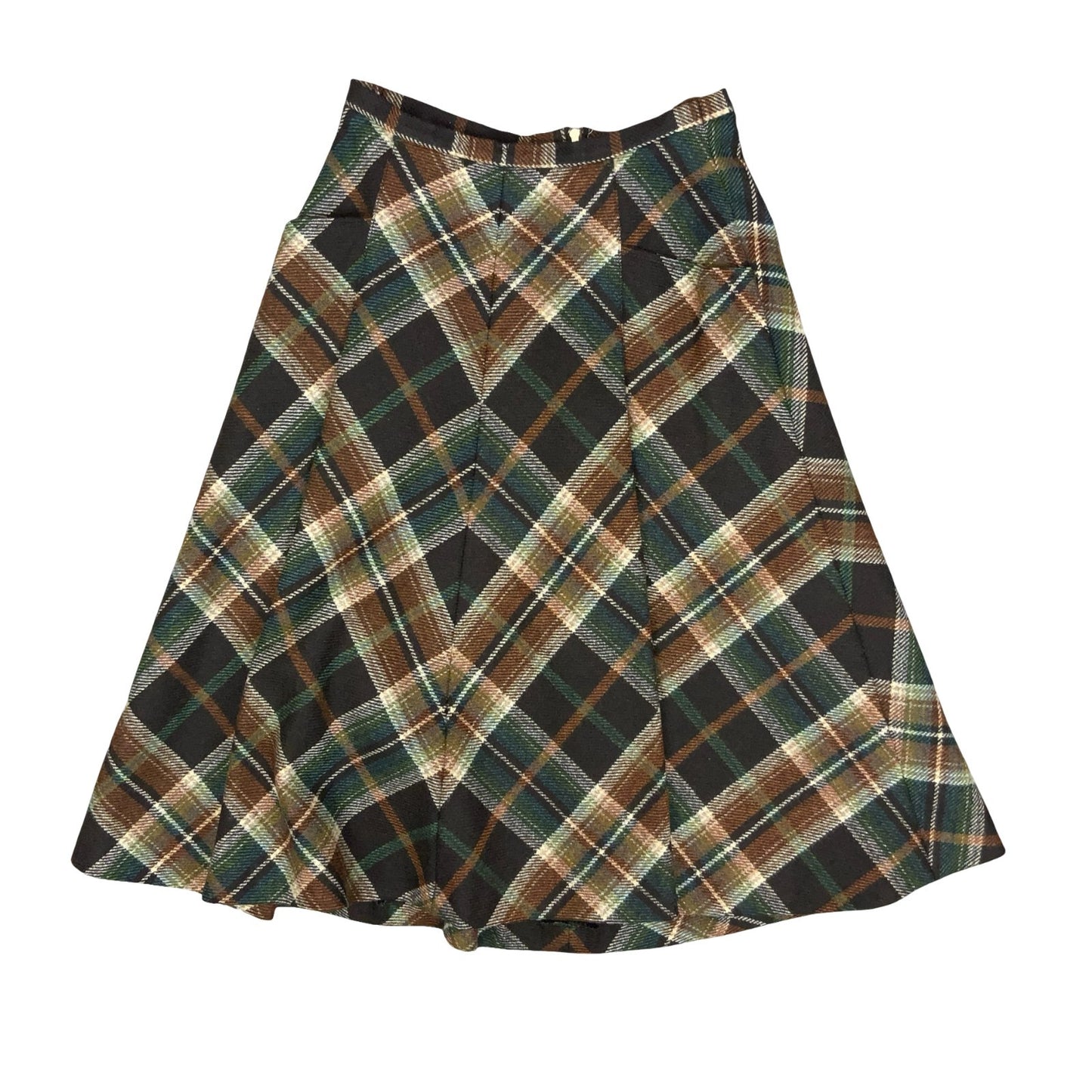 VTG 70s 80s 'SILESIA' RETRO BROWN BEIGE GREEN TARTAN ALINE MIDI WOOL SKIRT UK6/8