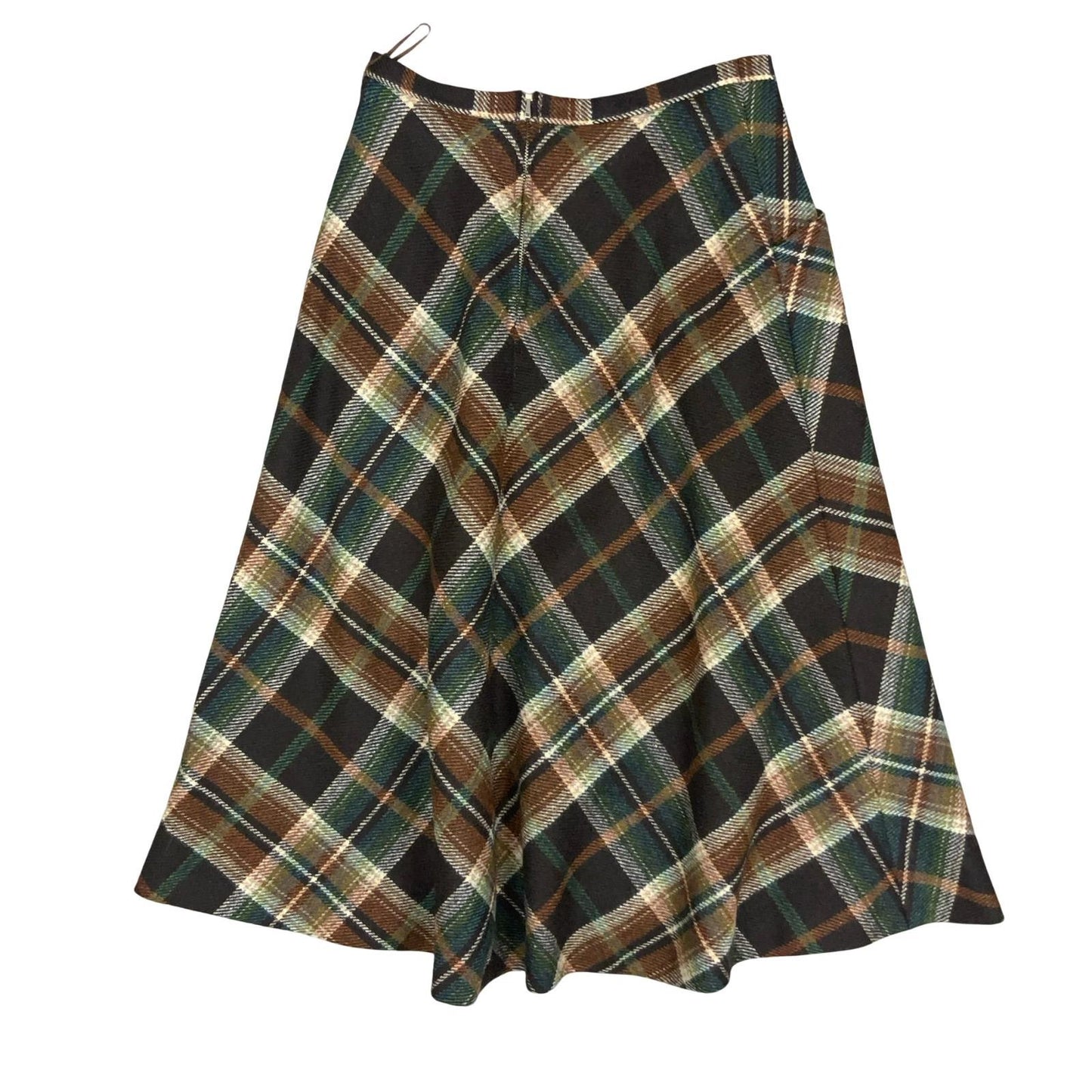 VTG 70s 80s 'SILESIA' RETRO BROWN BEIGE GREEN TARTAN ALINE MIDI WOOL SKIRT UK6/8