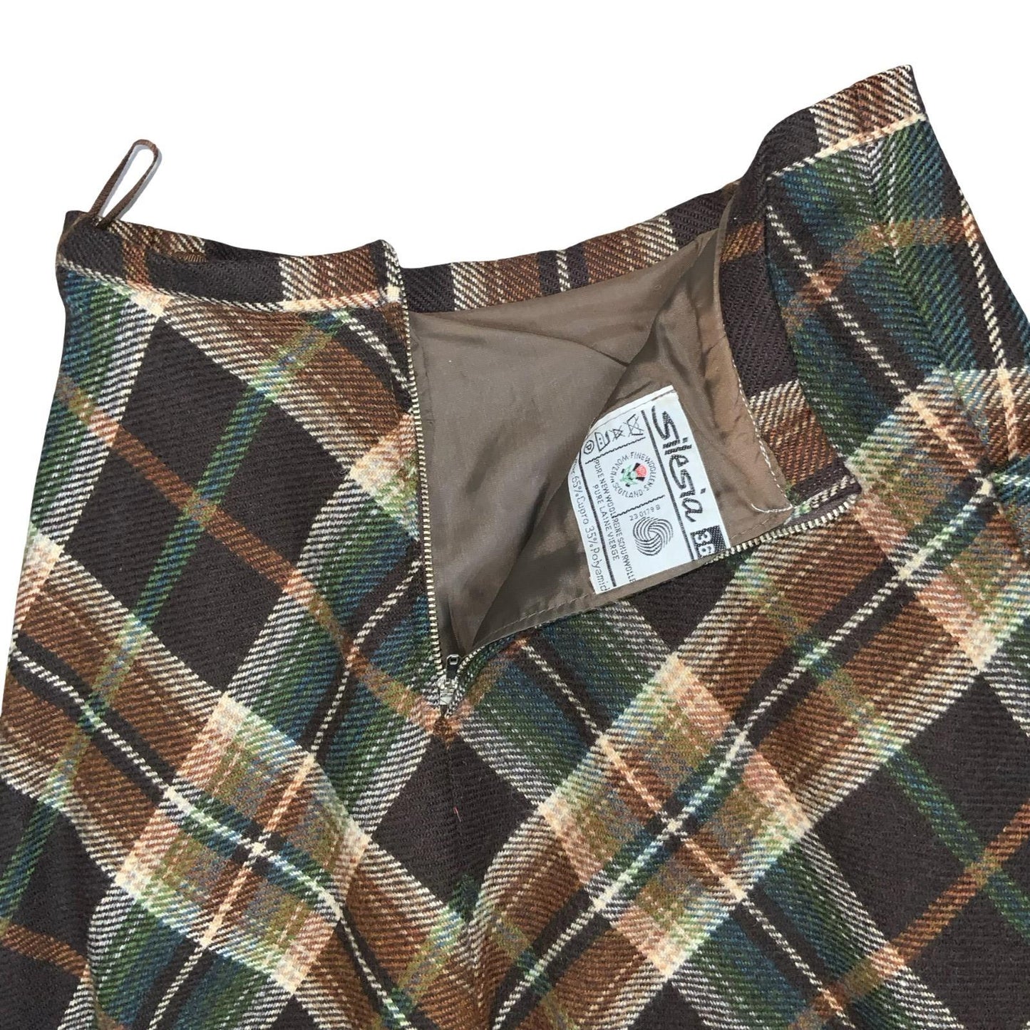 VTG 70s 80s 'SILESIA' RETRO BROWN BEIGE GREEN TARTAN ALINE MIDI WOOL SKIRT UK6/8