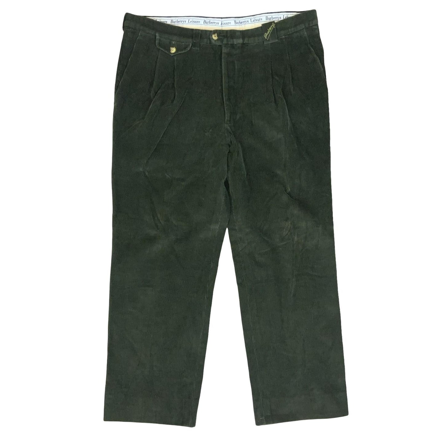 VTG 80s BURBERRYS LEISURE GREEN CORDUROY STRAIGHT-LEG RELAXED TROUSERS 36W 26L