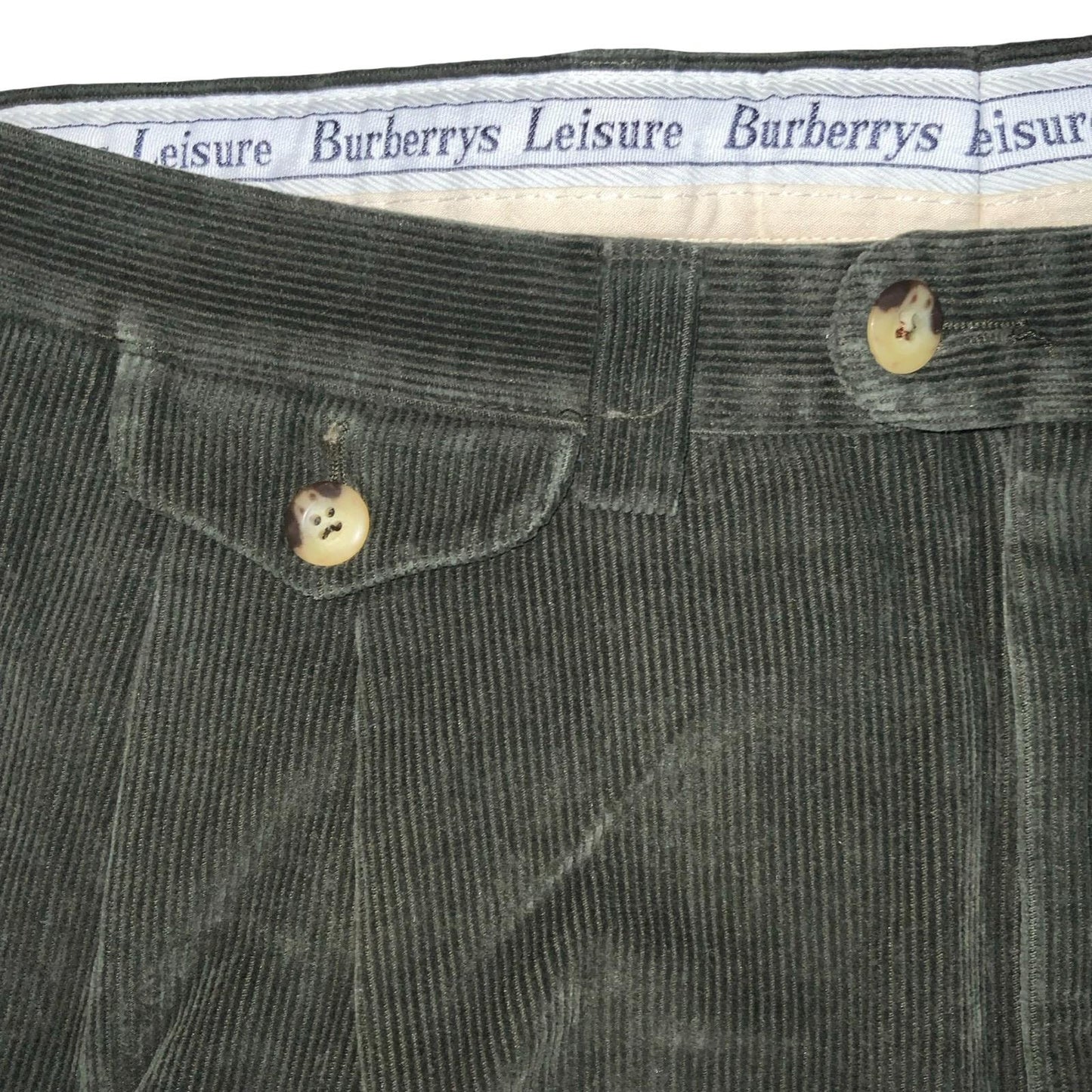 VTG 80s BURBERRYS LEISURE GREEN CORDUROY STRAIGHT-LEG RELAXED TROUSERS 36W 26L
