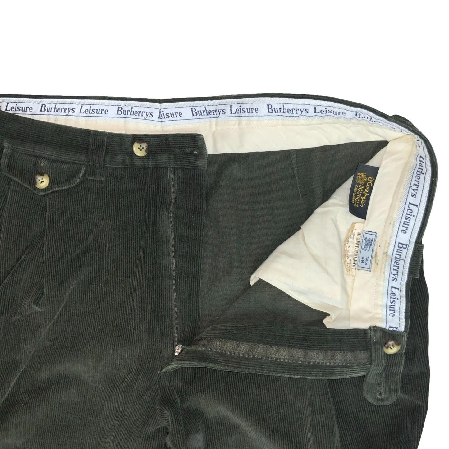 VTG 80s BURBERRYS LEISURE GREEN CORDUROY STRAIGHT-LEG RELAXED TROUSERS 36W 26L