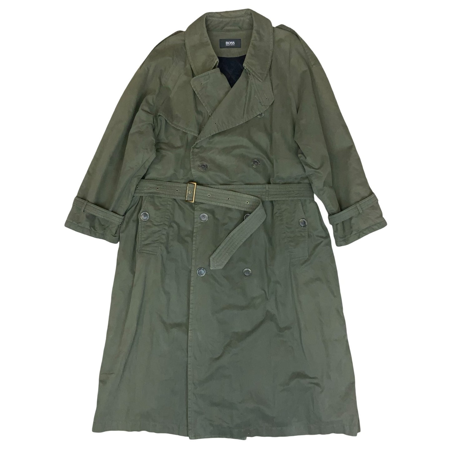 VTG 90s 'HUGO BOSS' ARMY GREEN DOUBLE-BREASTED BELTED MILITARY TRENCH COAT L/XL