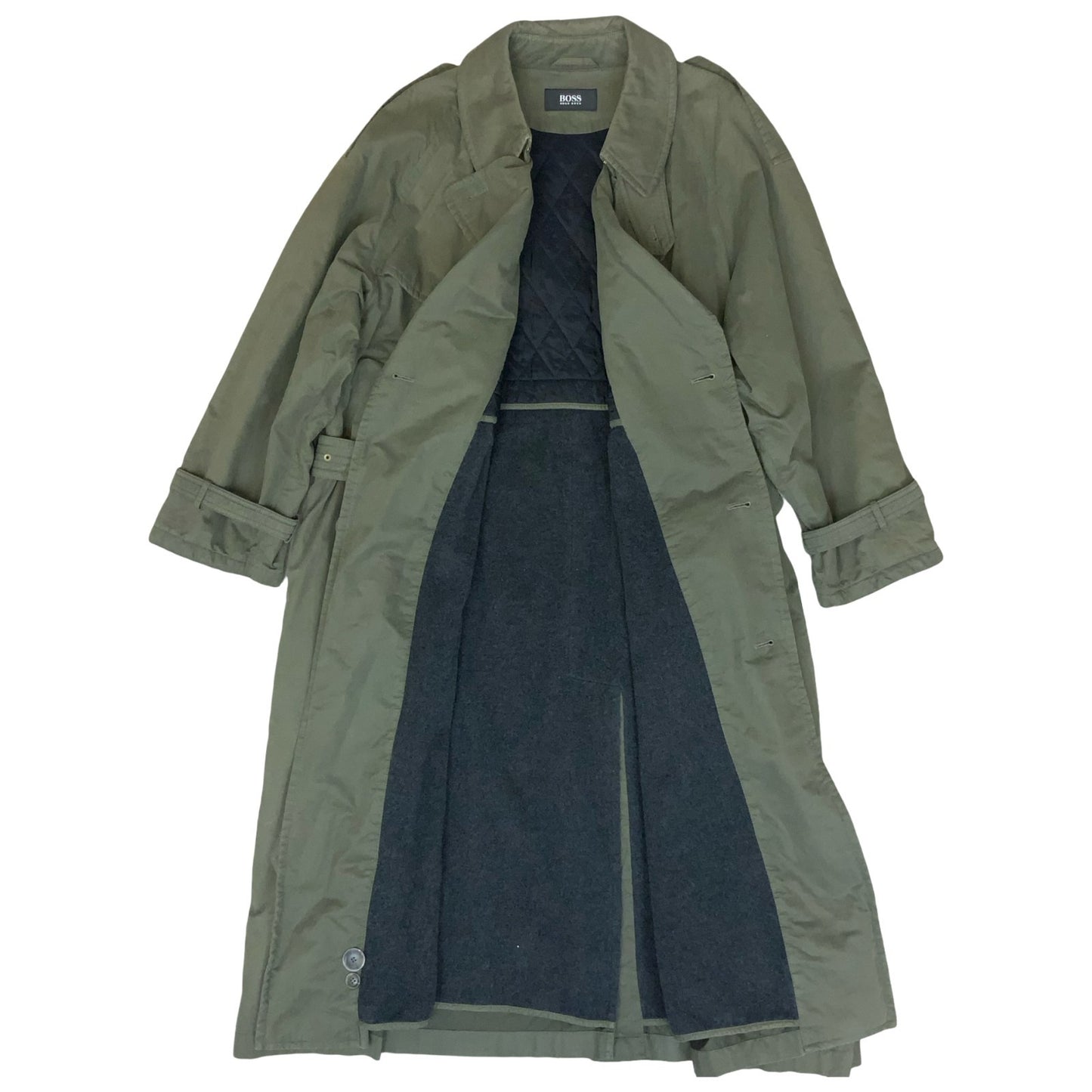 VTG 90s 'HUGO BOSS' ARMY GREEN DOUBLE-BREASTED BELTED MILITARY TRENCH COAT L/XL