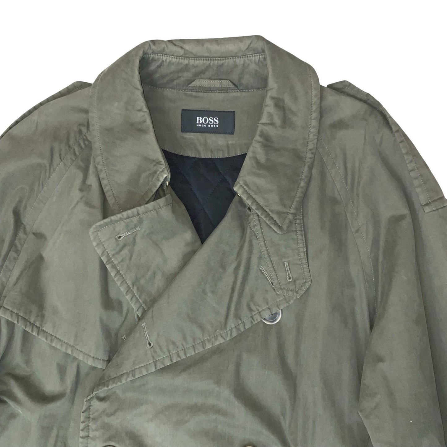 VTG 90s 'HUGO BOSS' ARMY GREEN DOUBLE-BREASTED BELTED MILITARY TRENCH COAT L/XL
