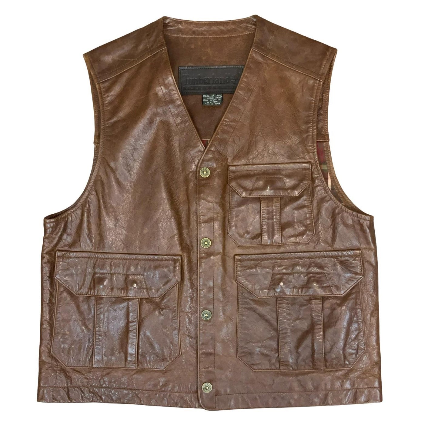 VTG 'TIMBERLAND' WEATHER GEAR BROWN COWHIDE UTILITY WATERPROOF LEATHER VEST M/L