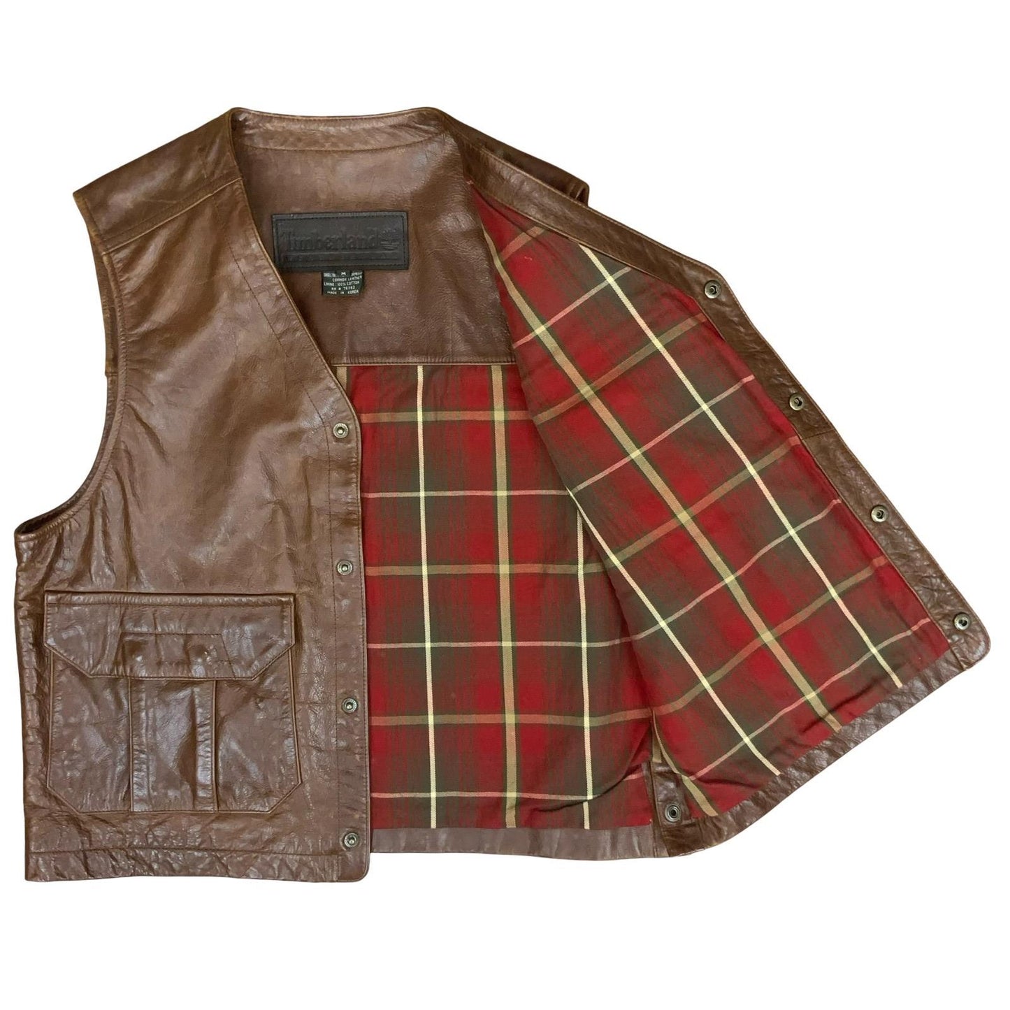 VTG 'TIMBERLAND' WEATHER GEAR BROWN COWHIDE UTILITY WATERPROOF LEATHER VEST M/L