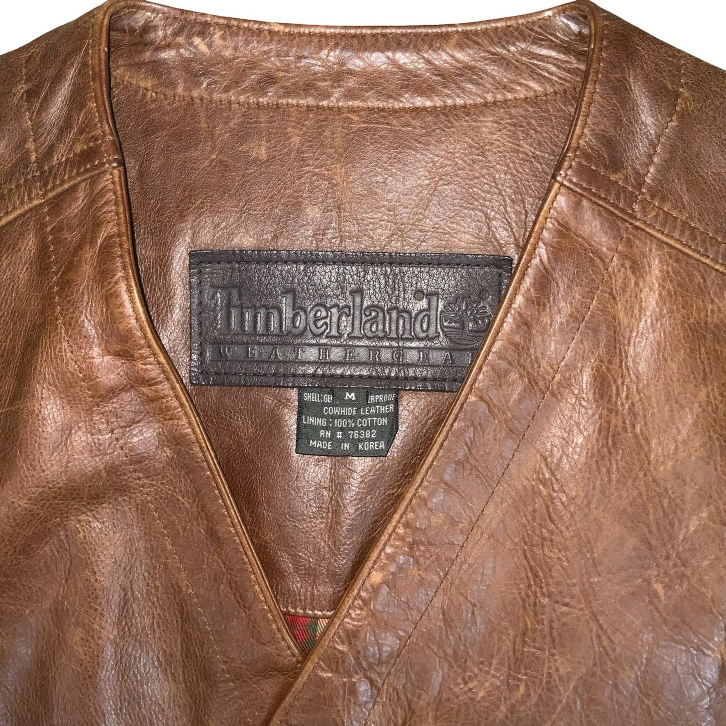 VTG 'TIMBERLAND' WEATHER GEAR BROWN COWHIDE UTILITY WATERPROOF LEATHER VEST M/L