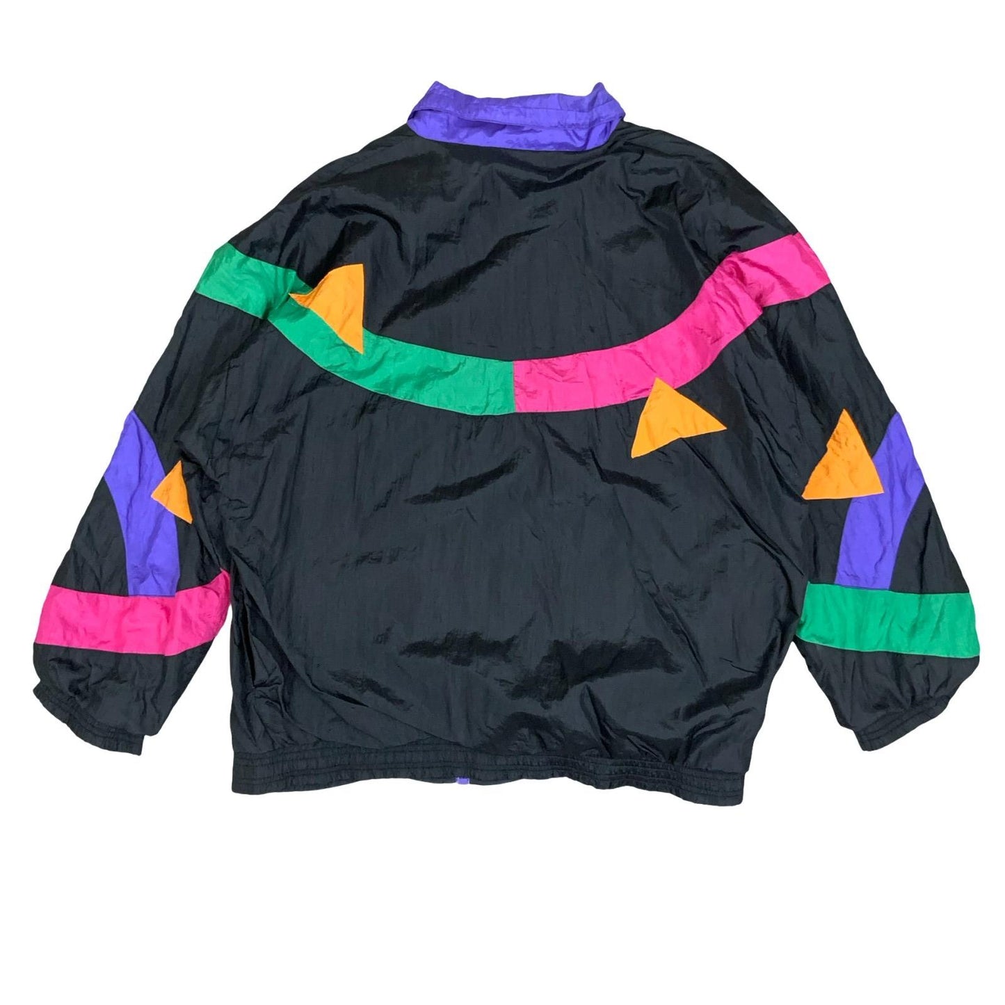 VTG 80s 90s 'CASUAL ISLE' BLACK GREEN PINK GEOMETRIC ZIP-UP SHELL JACKET 2XL