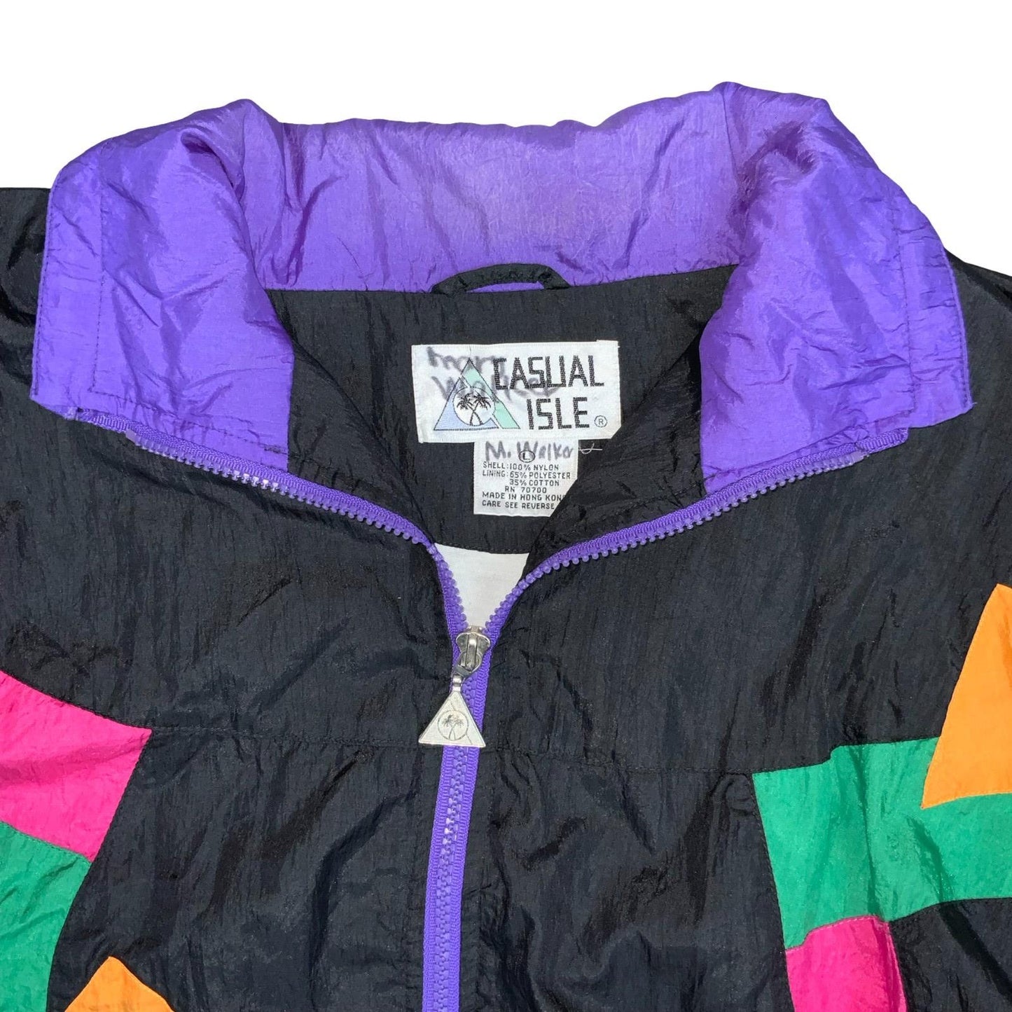 VTG 80s 90s 'CASUAL ISLE' BLACK GREEN PINK GEOMETRIC ZIP-UP SHELL JACKET 2XL