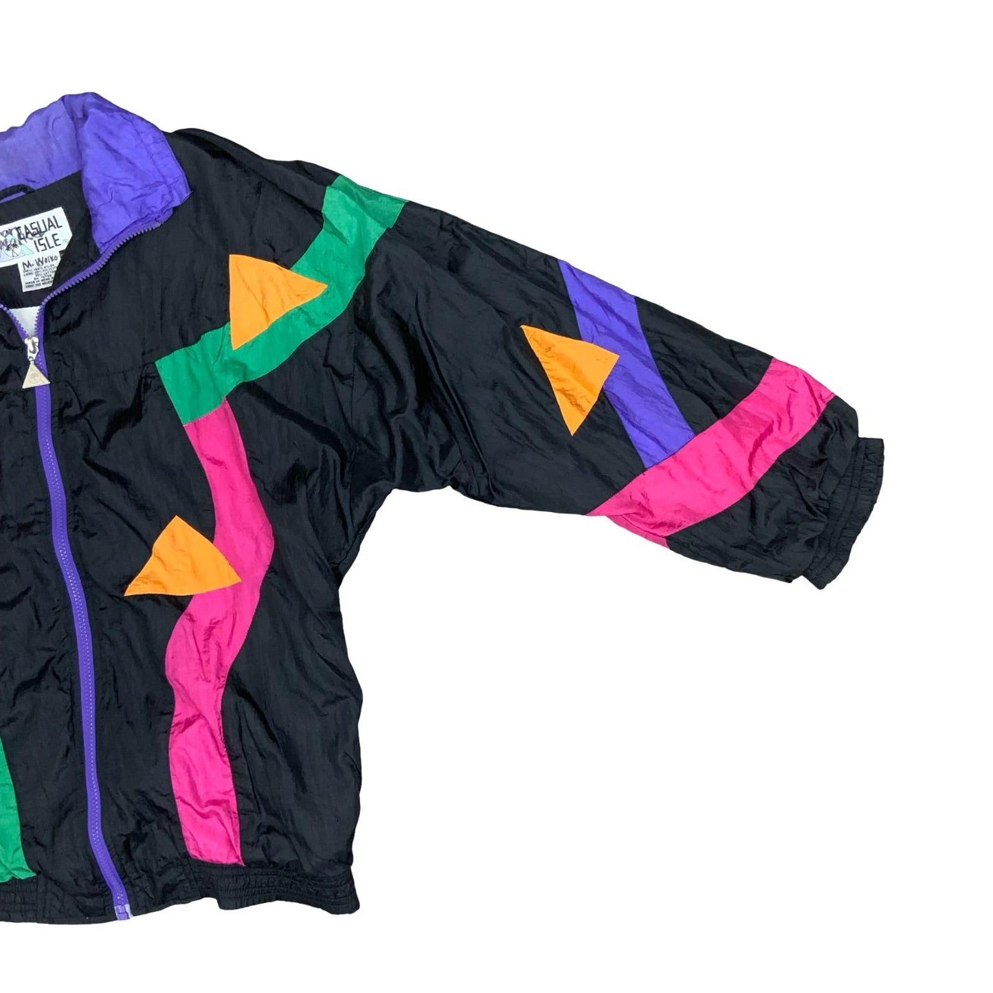 VTG 80s 90s 'CASUAL ISLE' BLACK GREEN PINK GEOMETRIC ZIP-UP SHELL JACKET 2XL