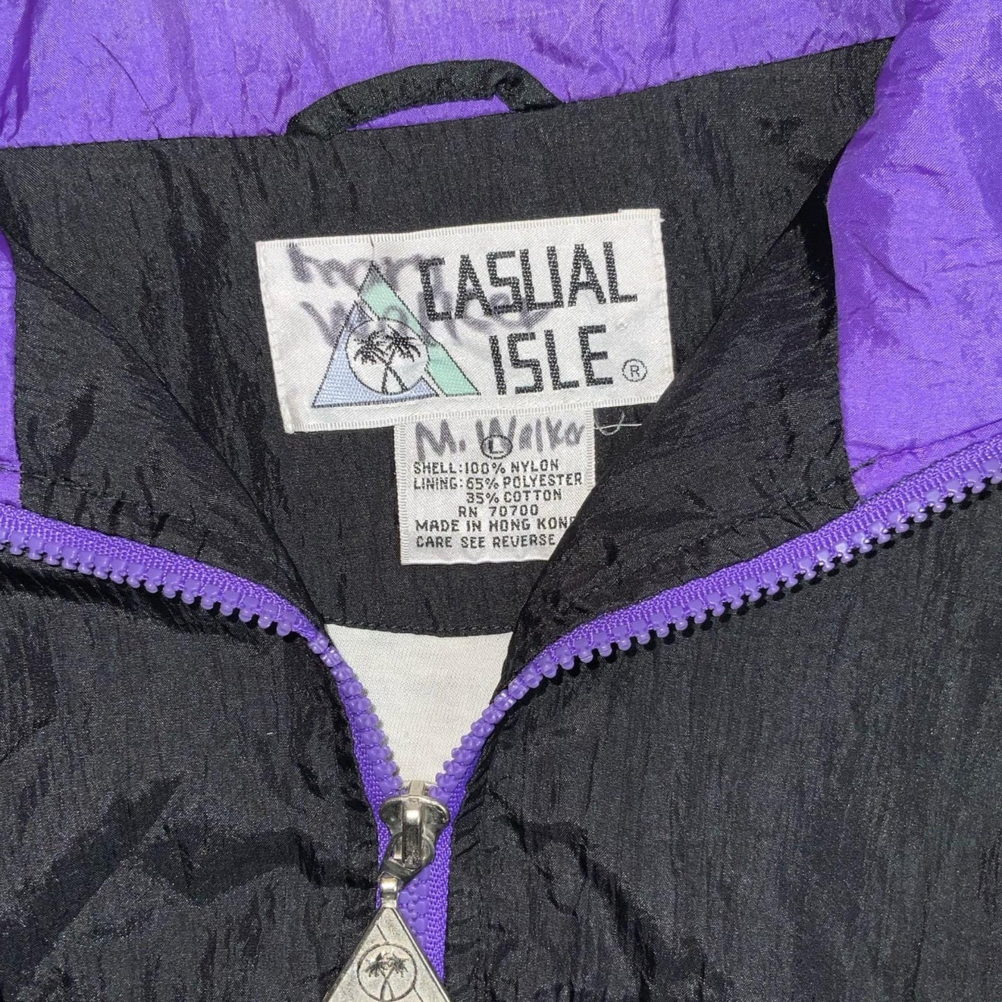 VTG 80s 90s 'CASUAL ISLE' BLACK GREEN PINK GEOMETRIC ZIP-UP SHELL JACKET 2XL