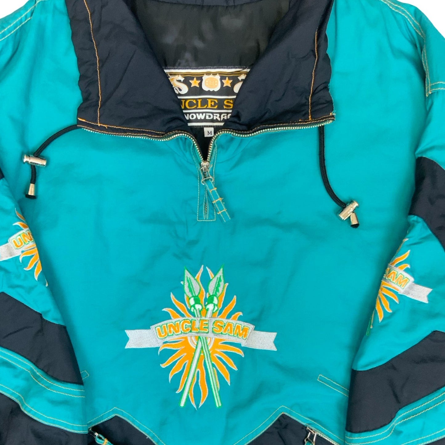 VTG 80s 90s 'UNCLE SAM' SNOWDRAGON TEAL GREEN BLACK COLOUR-BLOCK WINDBREAKER 2XL