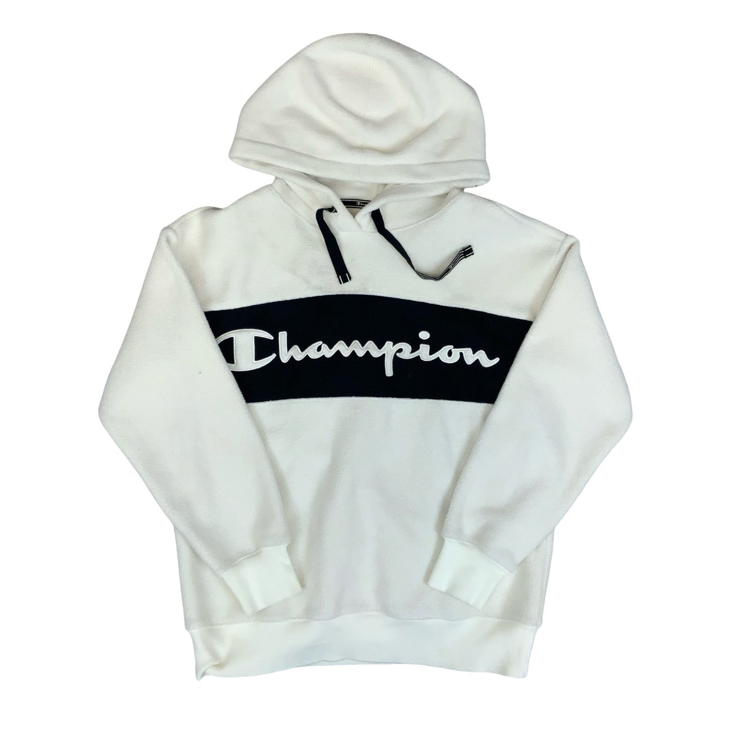 VTG 90s 'CHAMPION' WHITE LOGO SPELL-OUT PULLOVER TEDDY FLEECE HOODIE S/M