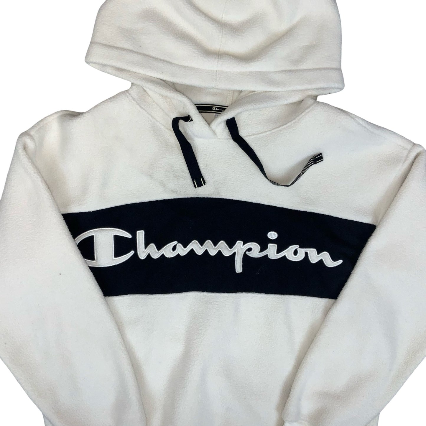 VTG 90s 'CHAMPION' WHITE LOGO SPELL-OUT PULLOVER TEDDY FLEECE HOODIE S/M
