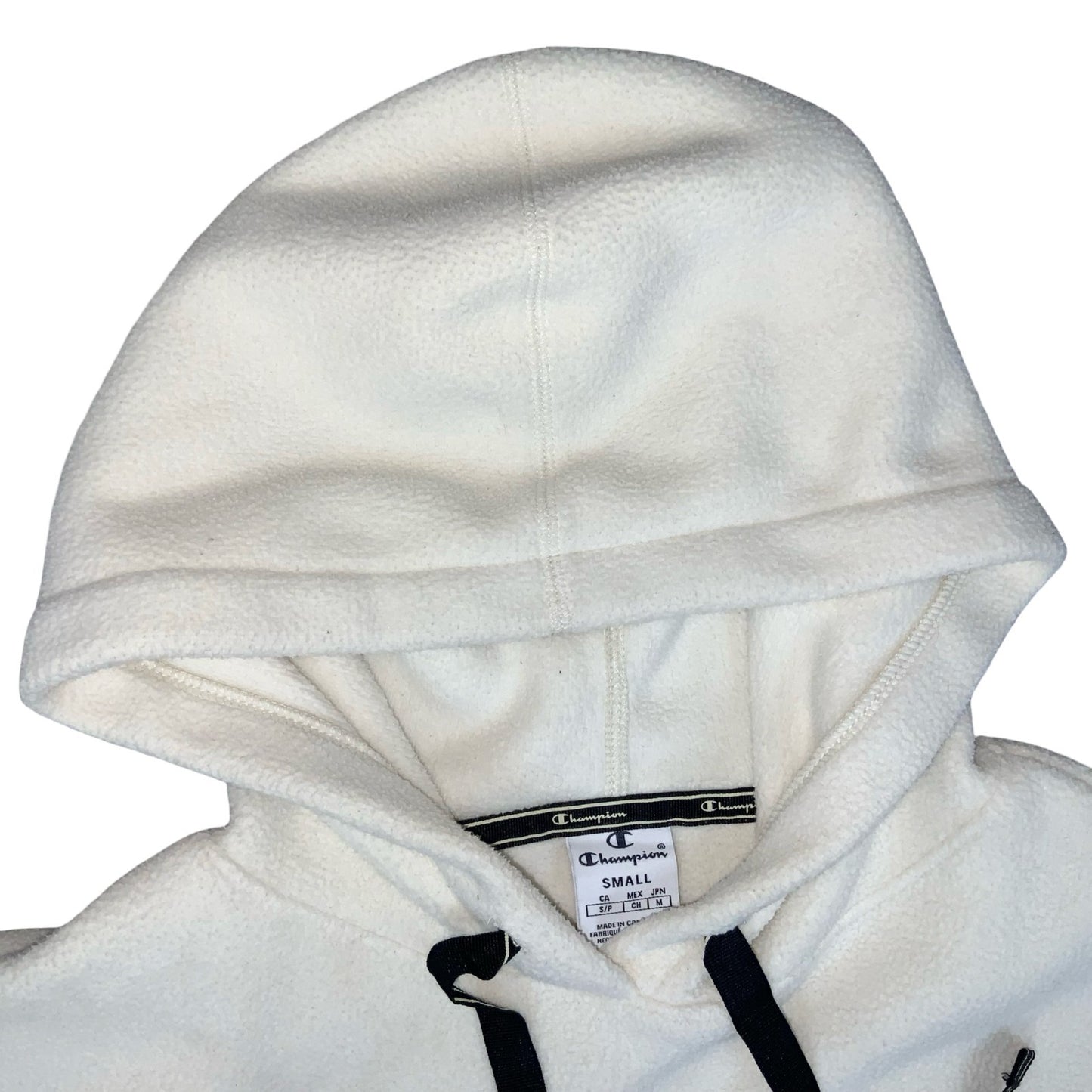 VTG 90s 'CHAMPION' WHITE LOGO SPELL-OUT PULLOVER TEDDY FLEECE HOODIE S/M