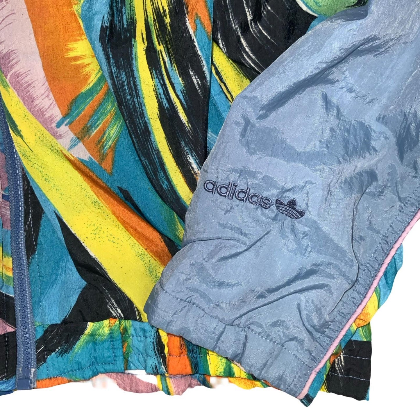 VTG 90s 'ADIDAS' ABSTRACT ART BLUE COLOURFUL FULL ZIP LINED SHELL JACKET M/L