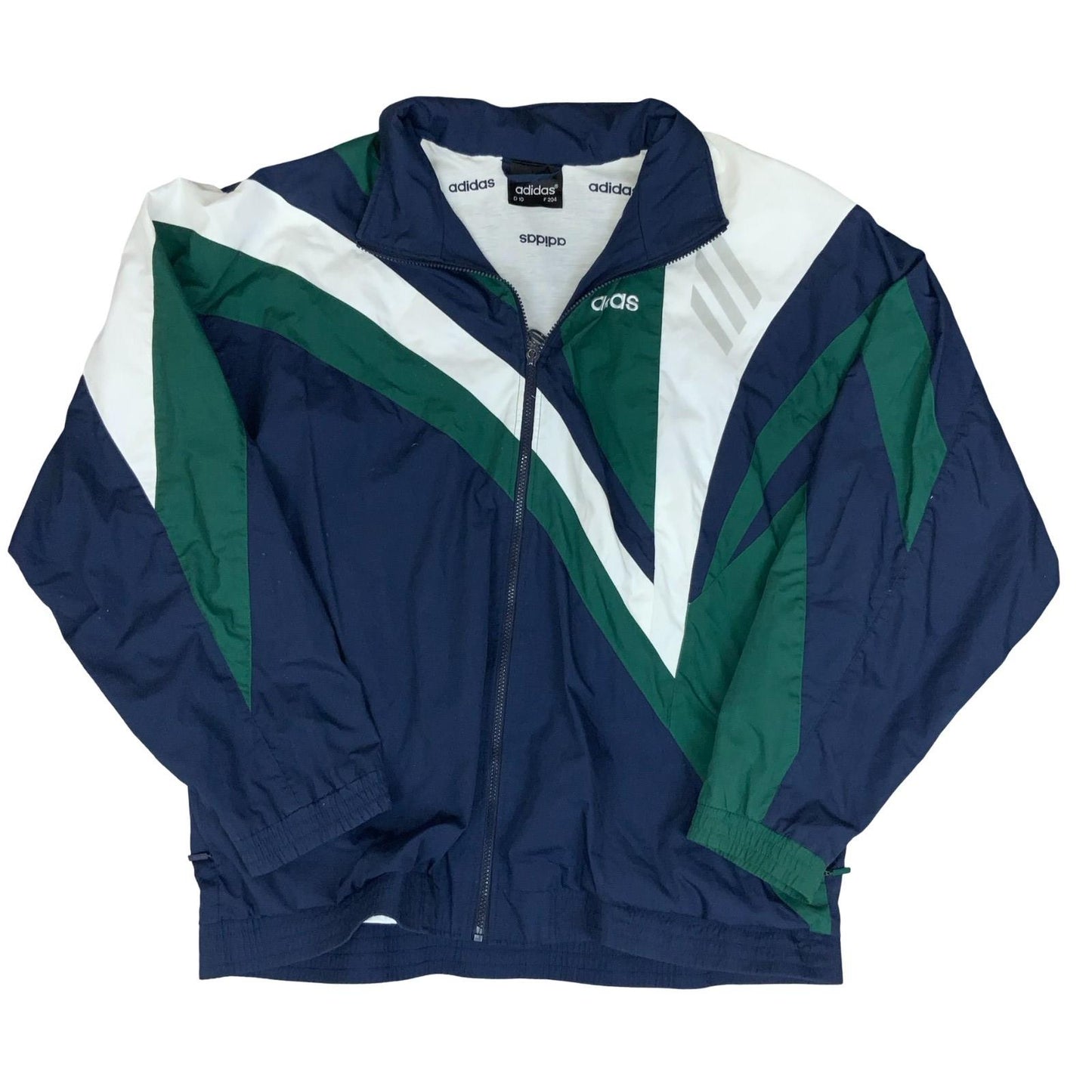 VTG 90s 'ADIDAS' BLUE GREEN WHITE V-DESIGN 3 STRIPE WARM-UP WINDBREAKER 3XL