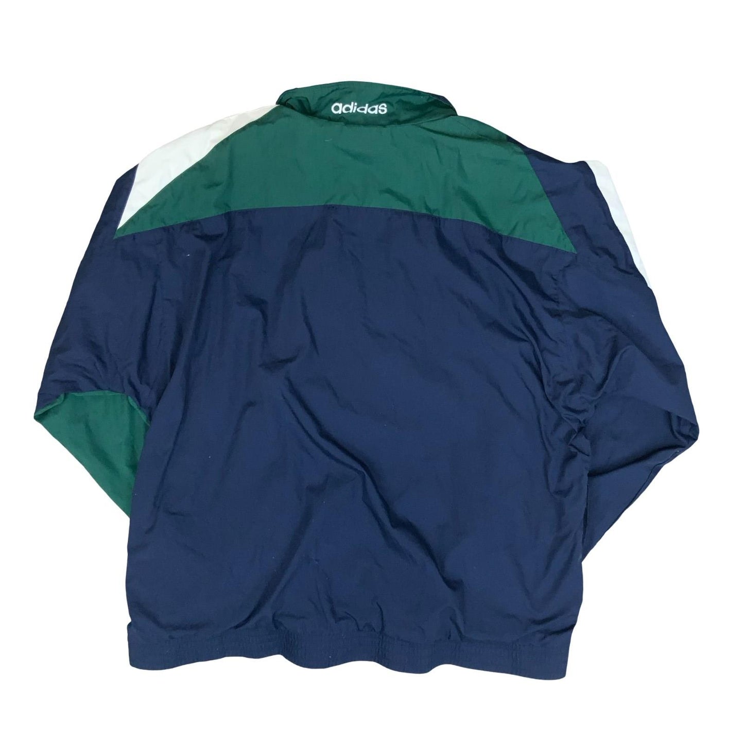 VTG 90s 'ADIDAS' BLUE GREEN WHITE V-DESIGN 3 STRIPE WARM-UP WINDBREAKER 3XL
