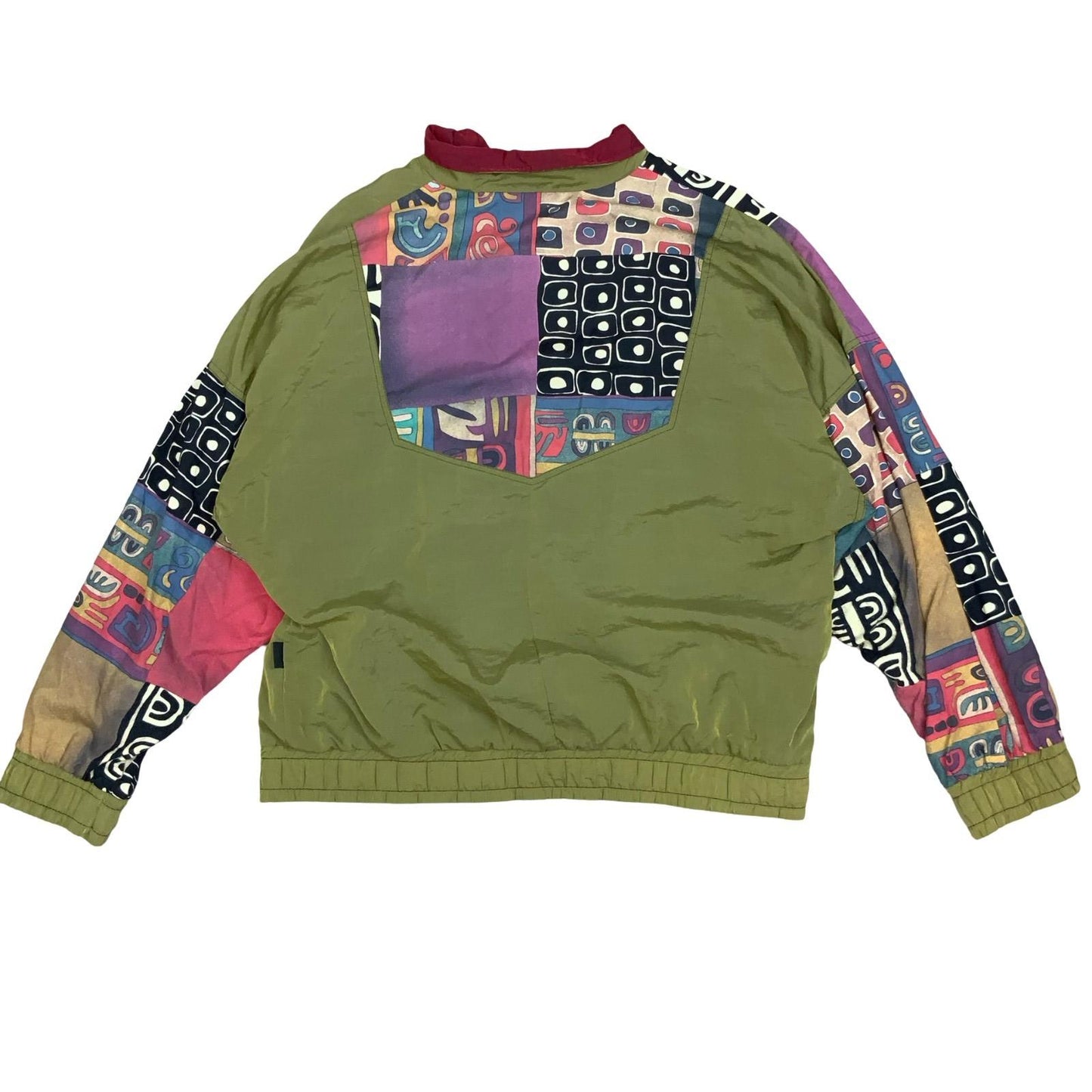 VTG 90s 'ATHLET' GREEN GEOMETRIC PACKWORK LINED WINDBREAKER BOMBER JACKET XL