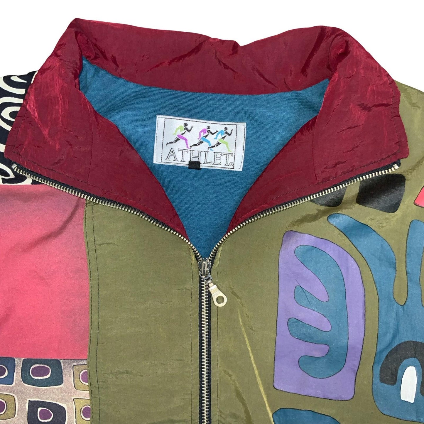 VTG 90s 'ATHLET' GREEN GEOMETRIC PACKWORK LINED WINDBREAKER BOMBER JACKET XL