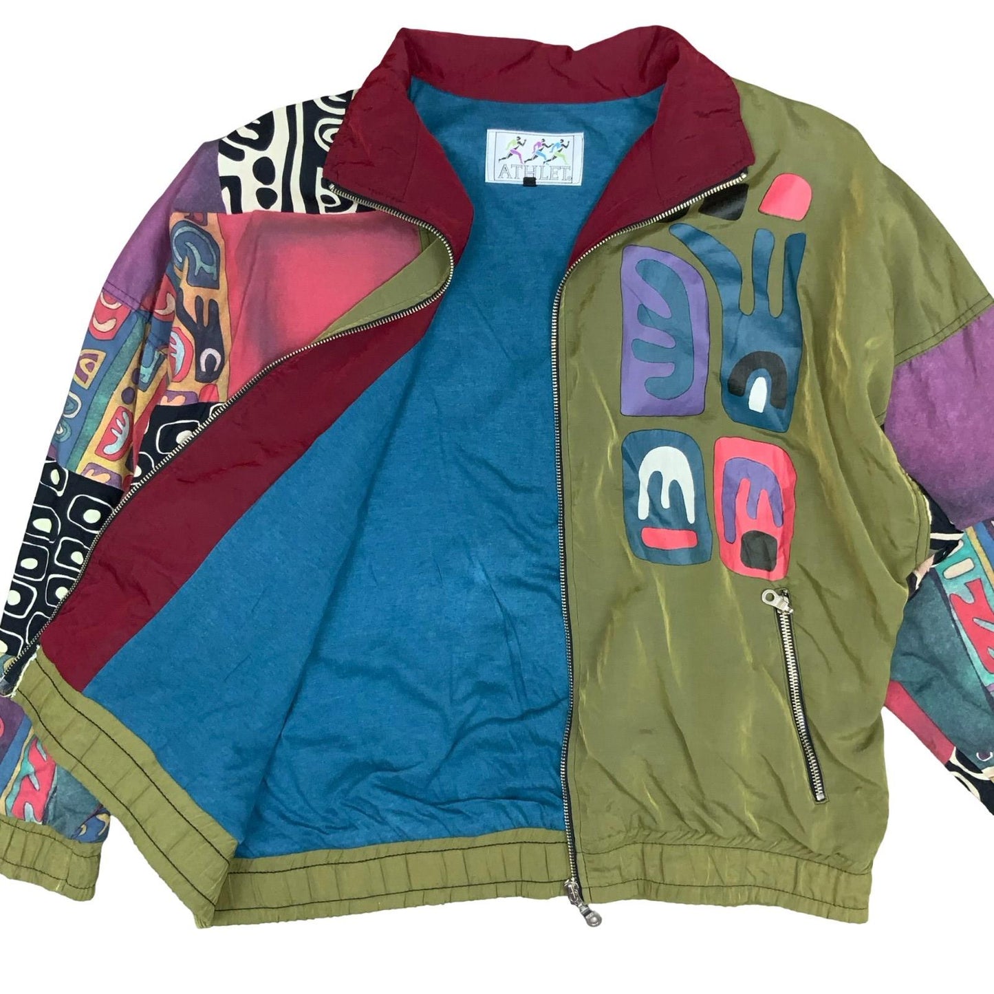 VTG 90s 'ATHLET' GREEN GEOMETRIC PACKWORK LINED WINDBREAKER BOMBER JACKET XL