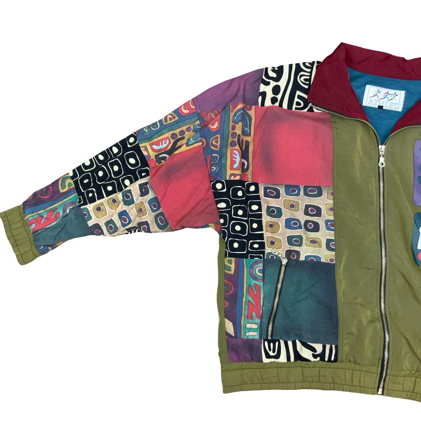 VTG 90s 'ATHLET' GREEN GEOMETRIC PACKWORK LINED WINDBREAKER BOMBER JACKET XL