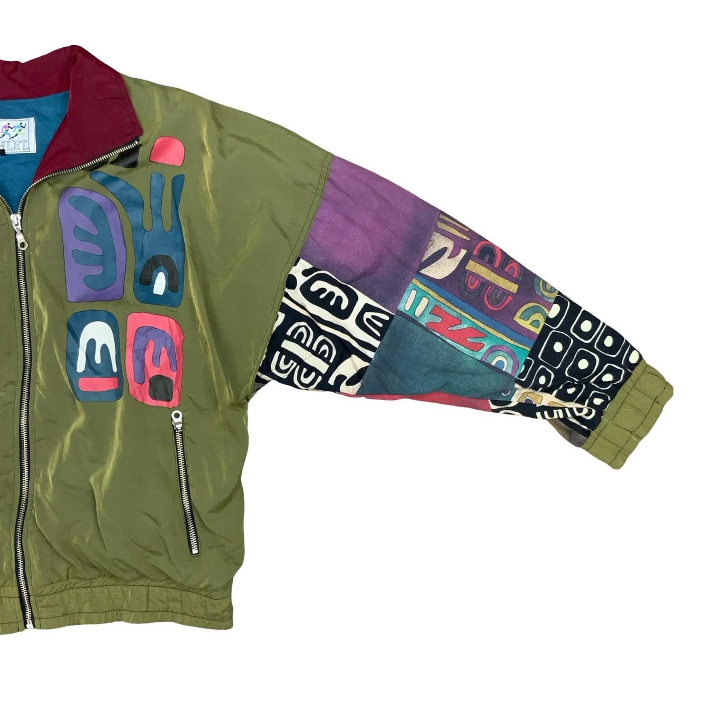 VTG 90s 'ATHLET' GREEN GEOMETRIC PACKWORK LINED WINDBREAKER BOMBER JACKET XL
