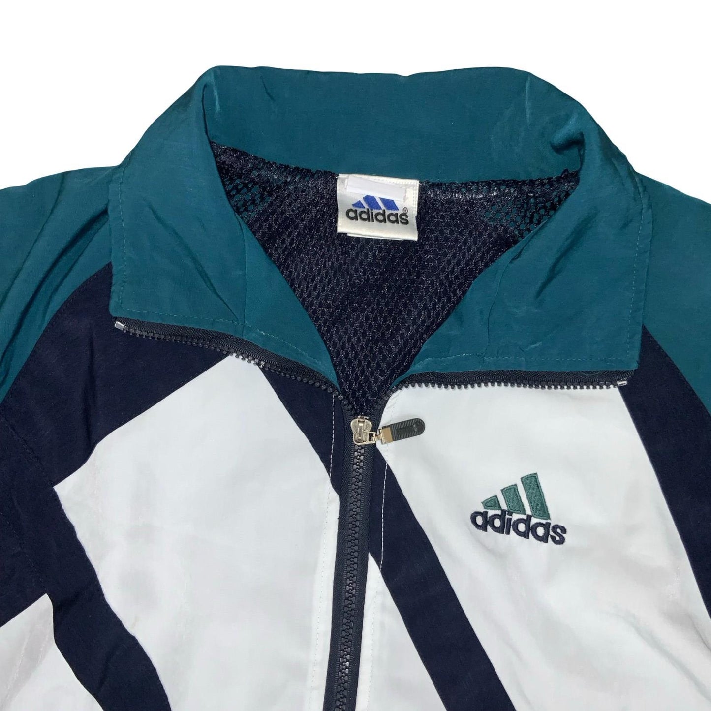 VTG 90s 'ADIDAS' GREEN BLUE WHITE ZIP-UP 3 STRIPE LOGO WARM-UP TRACK JACKET L/XL