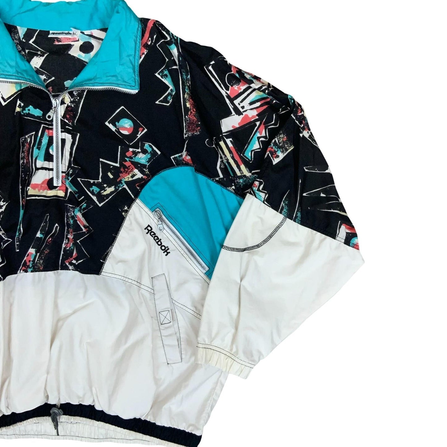 VTG 80s 90s 'REEBOK' 1/2 ZIP BLACK WHITE BLUE GEOMETRIC PULLOVER WINDBREAKER L
